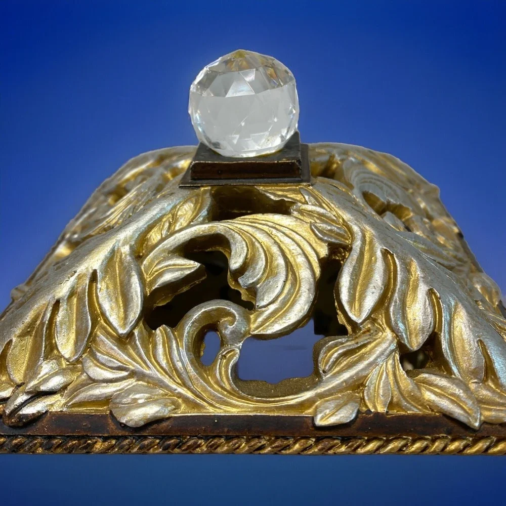 Vintage Resin Ornate Cut Leaf Carved Jewelry Trinket Box Lid Pedestal Home Decor
